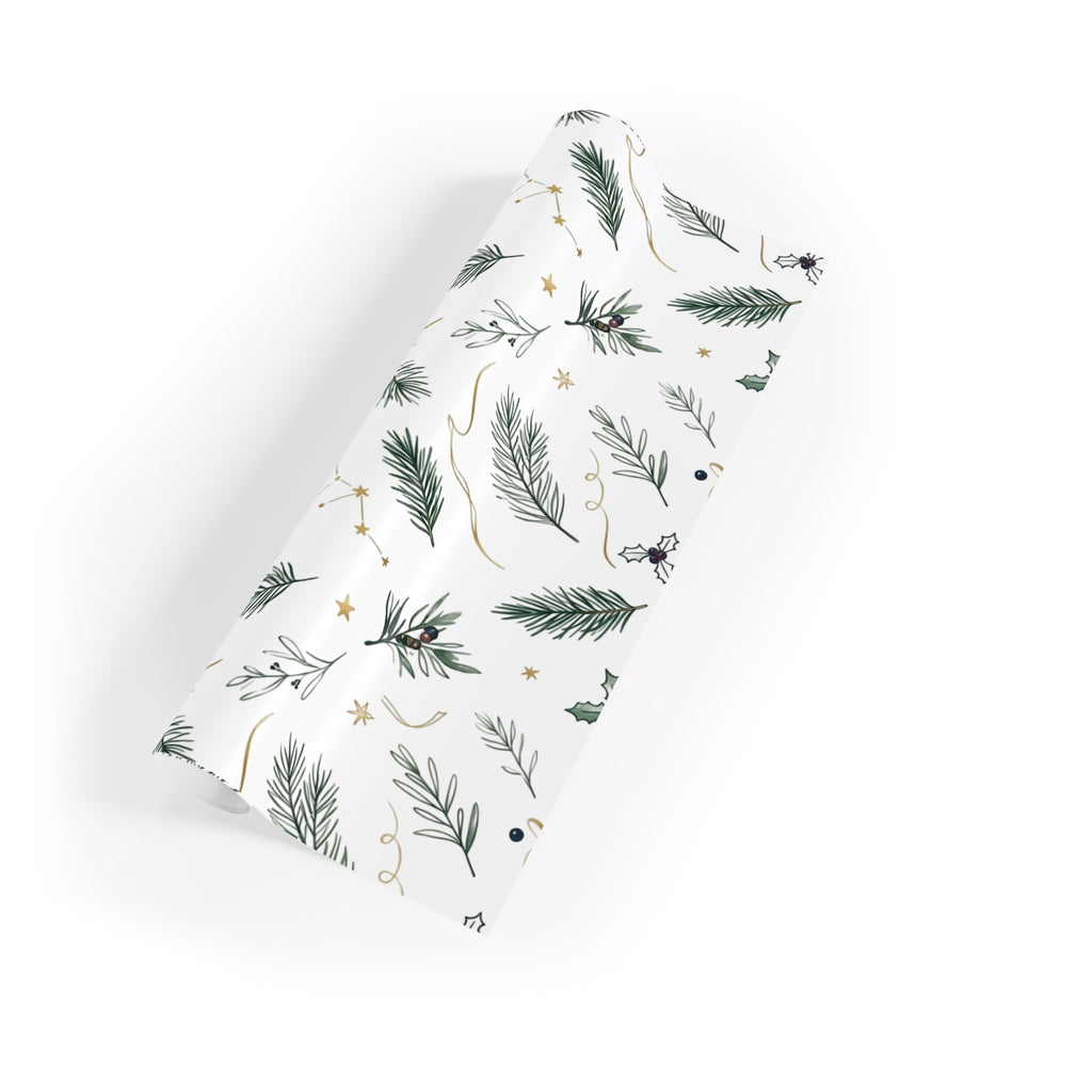 Christmas Wrapping Paper Roll — Pine Holly & Gold Botanical Gift Wrap, 95gsm Recyclable, 2 Sizes