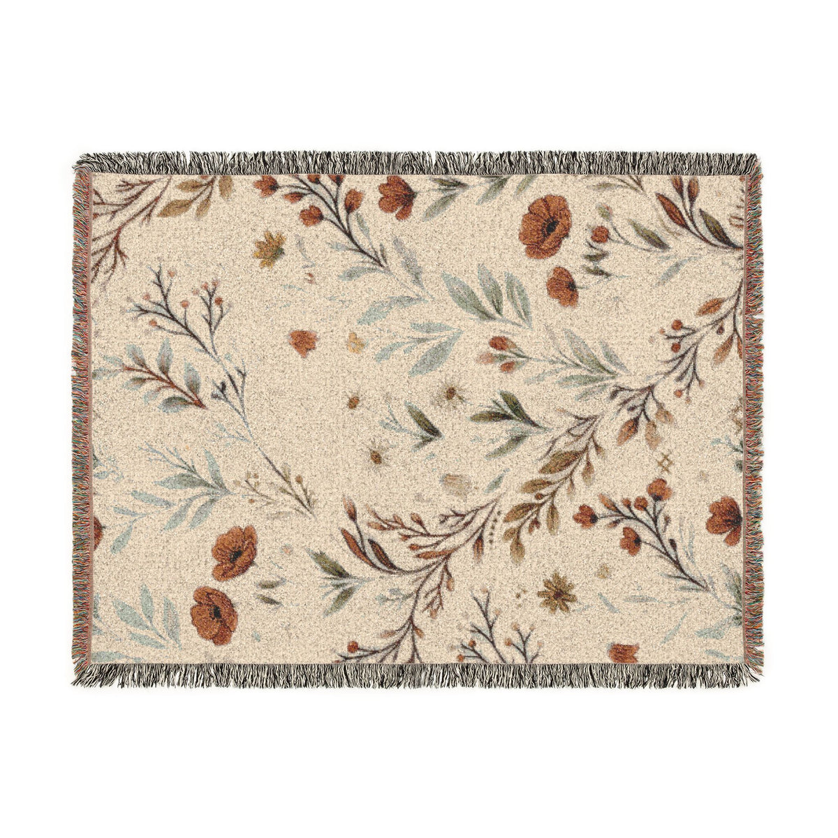Floral Woven Blanket — Vintage Botanical Throw with Fringe