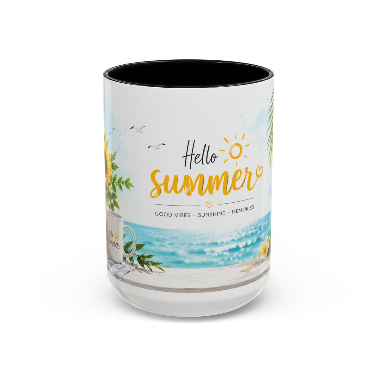 Hello Summer Accent Coffee Mug — Beach Vibes Lemon Palm Coastal Ceramic Mug (11/15oz)