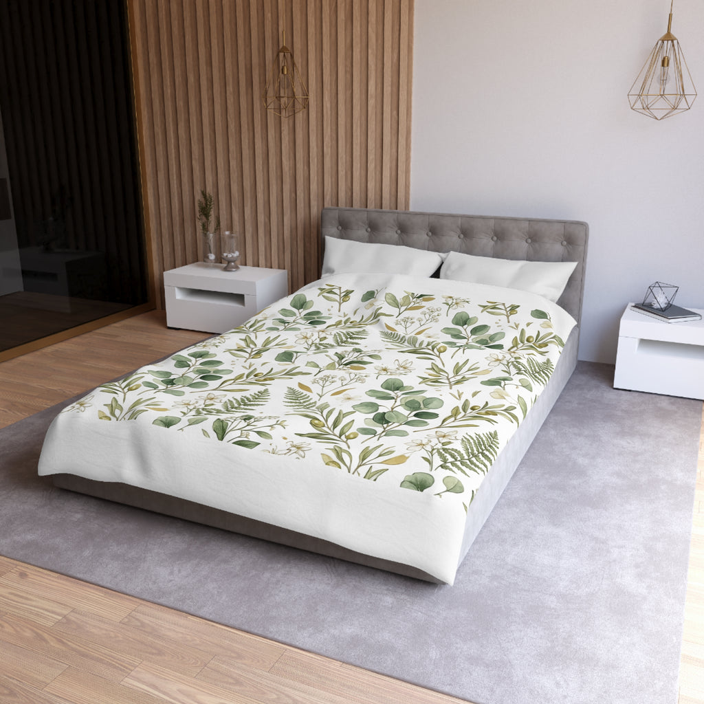Botanical Eucalyptus Duvet Cover — Green Fern & Floral Microfiber Bedding