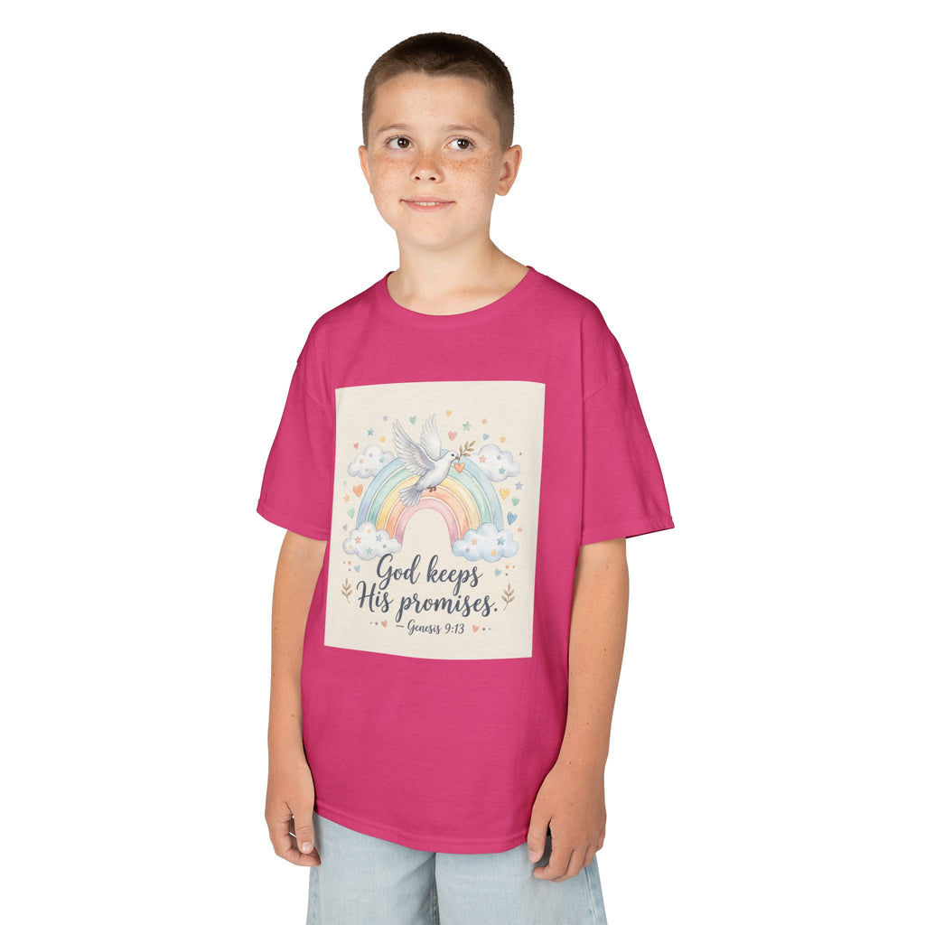 Christian Kids T-Shirt — "God Keeps His Promises" Rainbow Dove Tee | Psalm 145:13