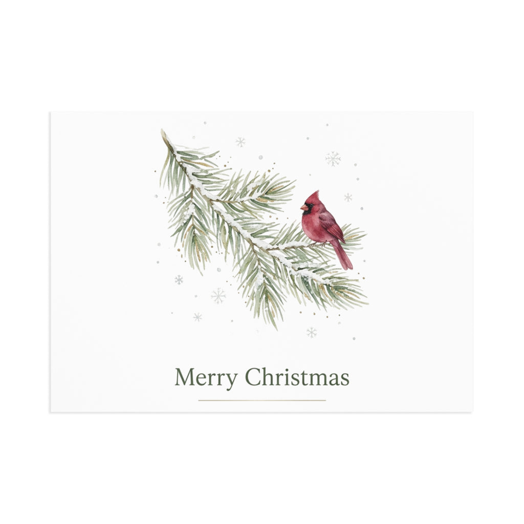 Christmas Cardinal Fine Art Postcards — Holiday Pine Branch Greeting Cards, Glossy 280gsm