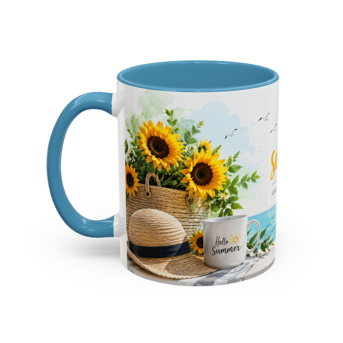 Hello Summer Accent Coffee Mug — Beach Vibes Lemon Palm Coastal Ceramic Mug (11/15oz)