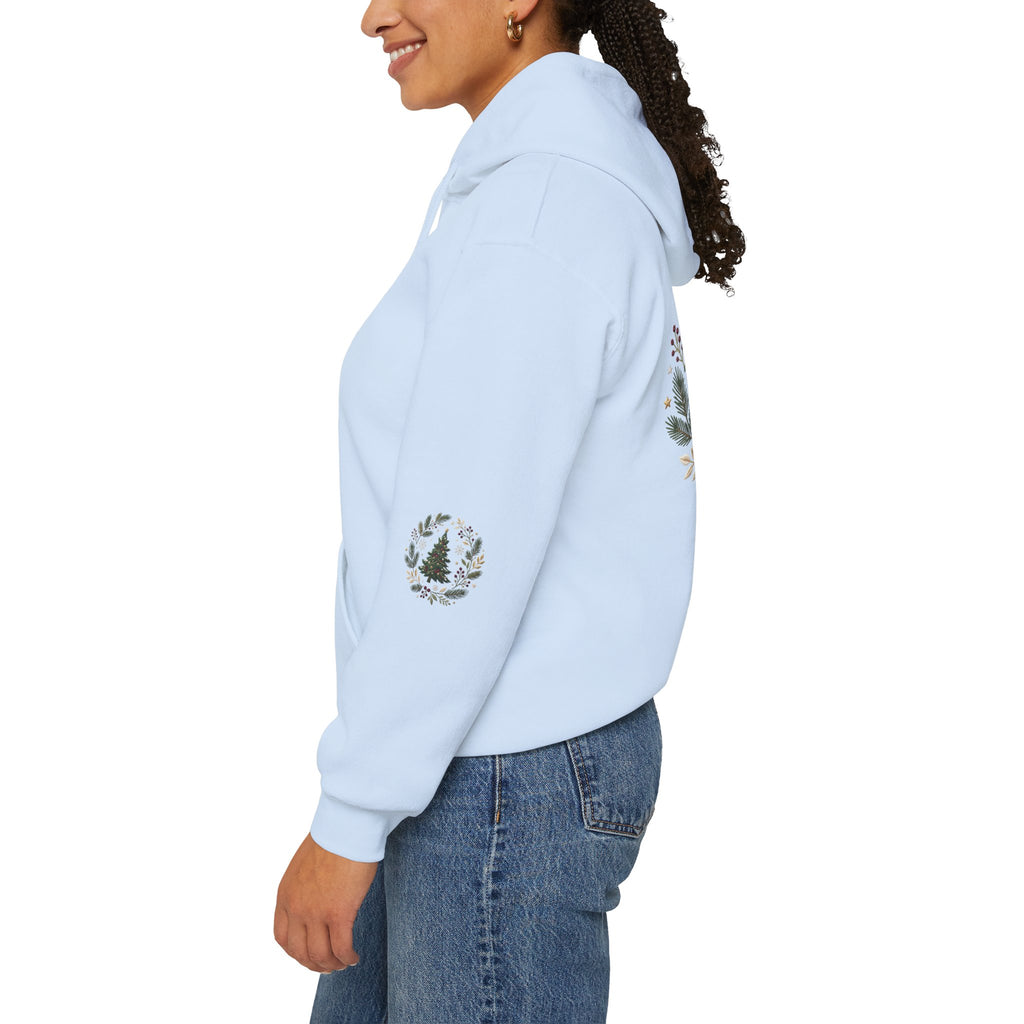 Christmas Tree Wreath Hoodie — Festive Botanical Sweatshirt, 50/50 Cotton-Poly, Unisex