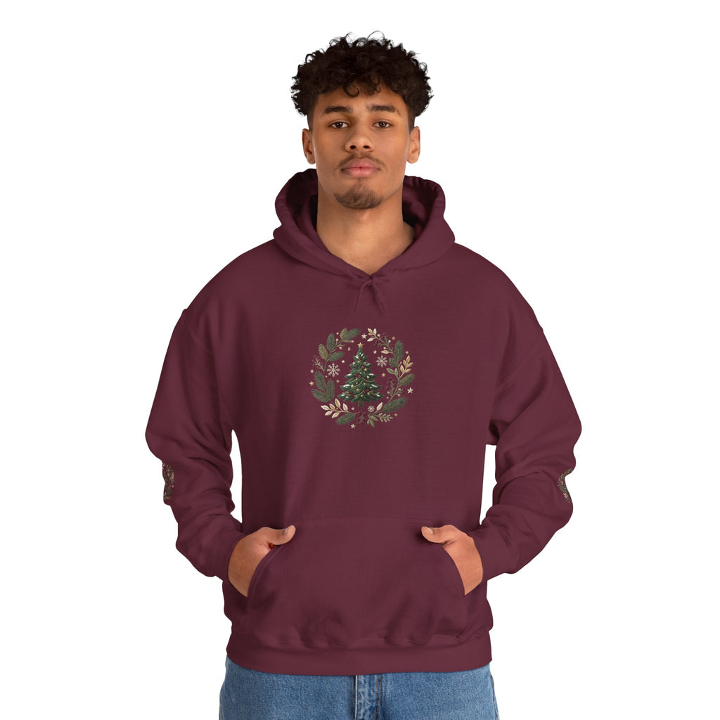 Christmas Tree Wreath Hoodie — Festive Botanical Sweatshirt, 50/50 Cotton-Poly, Unisex