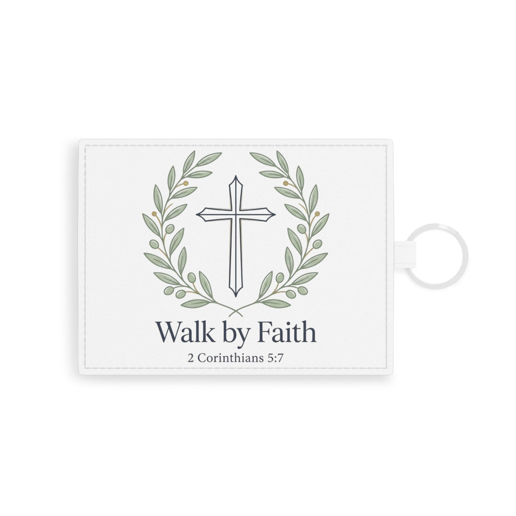 Faith Cross Card Holder — "Walk by Faith" Saffiano Leather Card Sleeve (2 Corinthians 5:7)