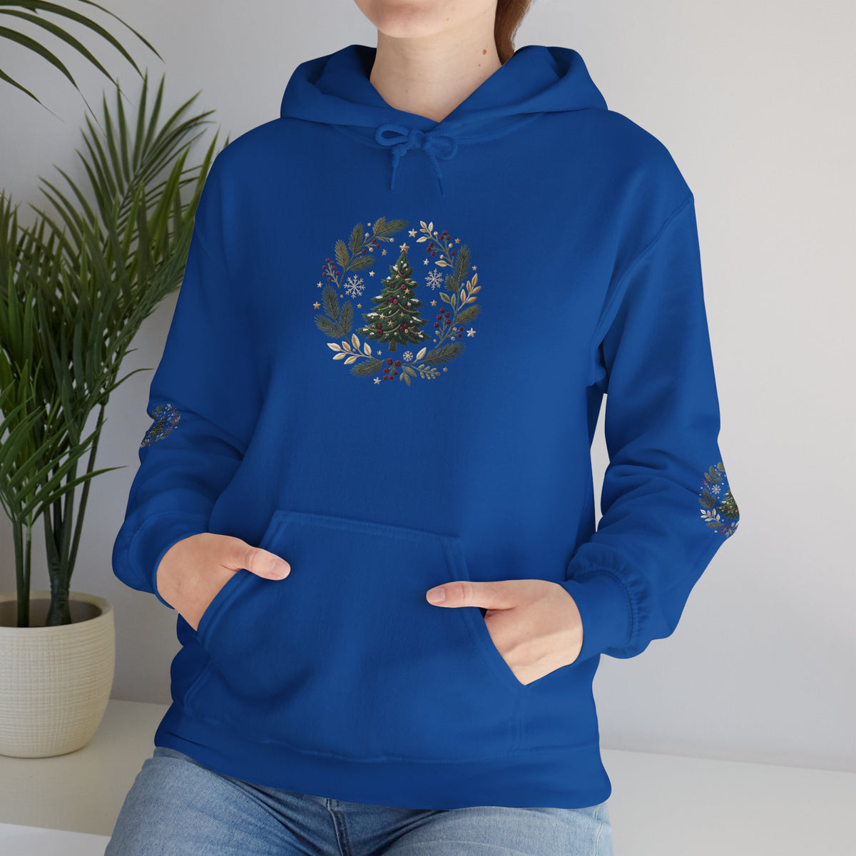 Christmas Tree Wreath Hoodie — Festive Botanical Sweatshirt, 50/50 Cotton-Poly, Unisex