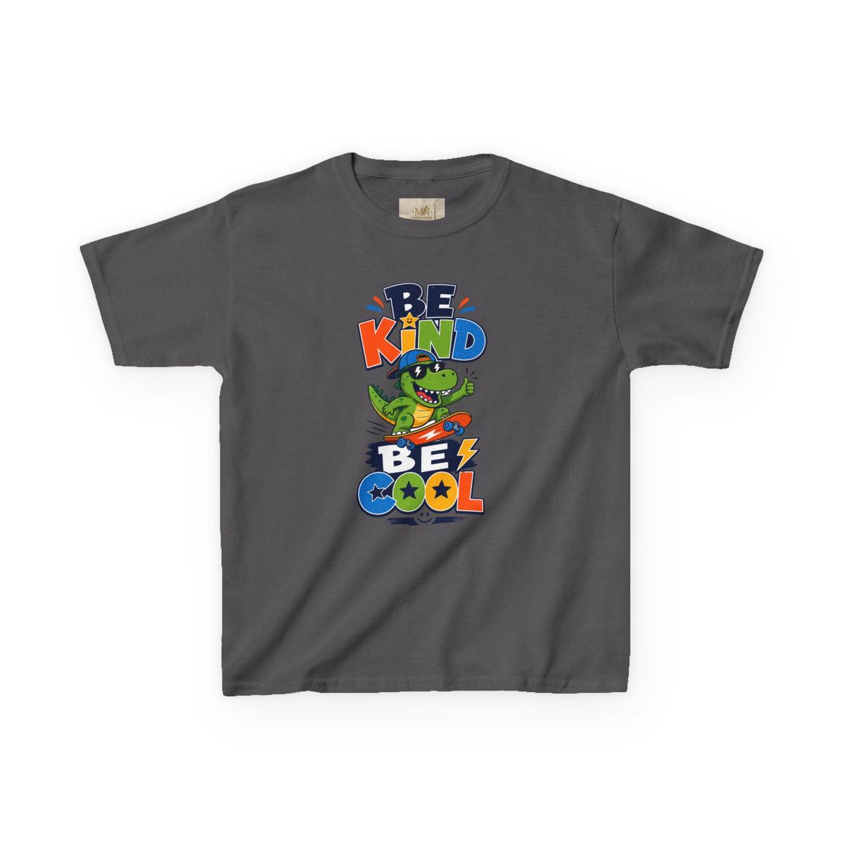 Kids Tee — "Be Kind, Be Cool" Dinosaur Graphic with "Shine Bright" Back