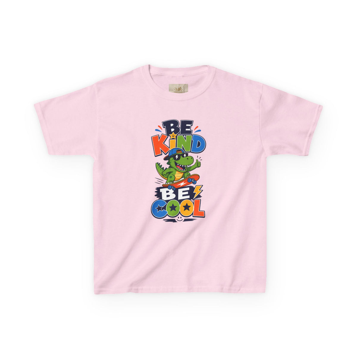 Kids Tee — "Be Kind, Be Cool" Dinosaur Graphic with "Shine Bright" Back