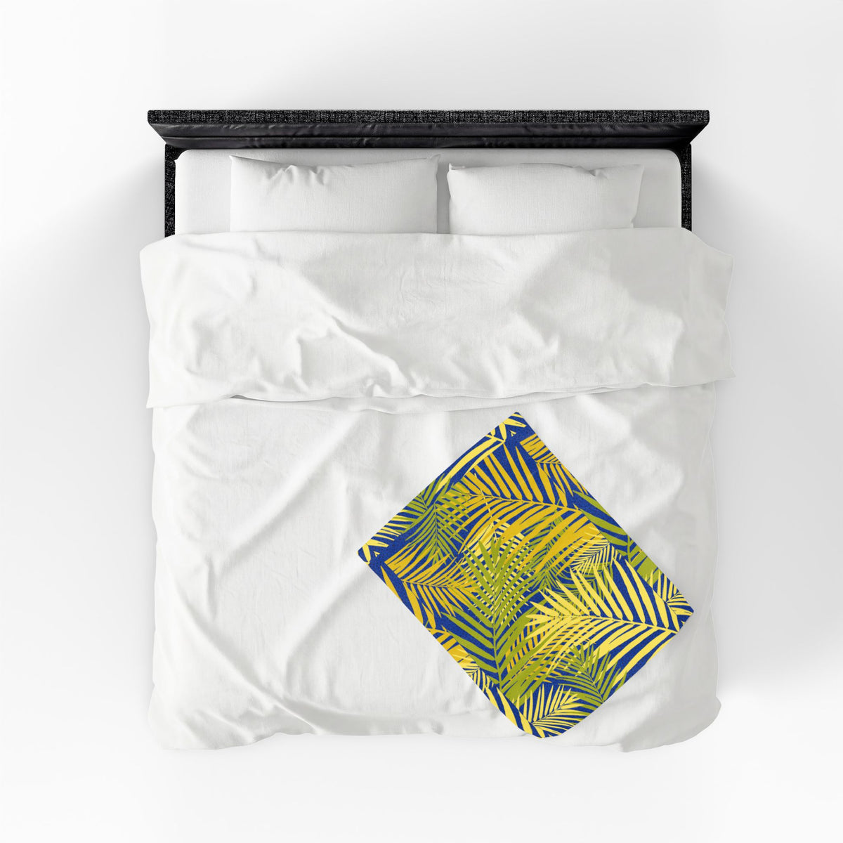 Tropical Palm Velveteen Plush Blanket — Blue & Yellow Leaf Throw