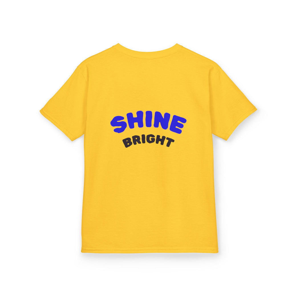 Kids Tee — "Be Kind, Be Cool" Dinosaur Graphic with "Shine Bright" Back