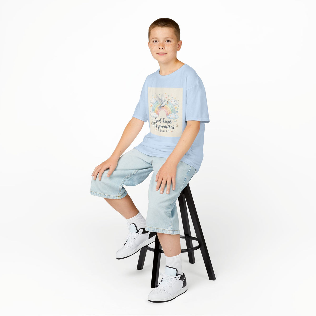 Christian Kids T-Shirt — "God Keeps His Promises" Rainbow Dove Tee | Psalm 145:13