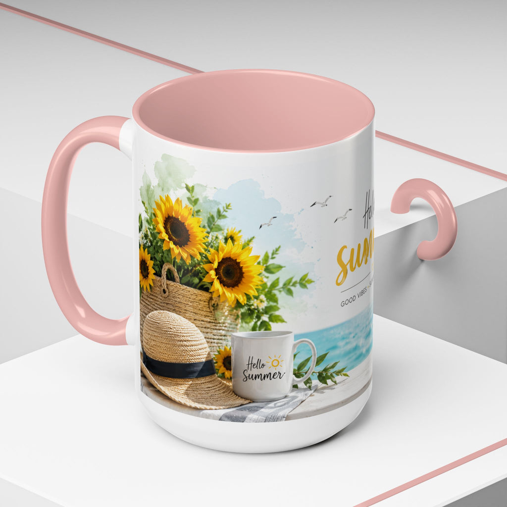 Hello Summer Accent Coffee Mug — Beach Vibes Lemon Palm Coastal Ceramic Mug (11/15oz)