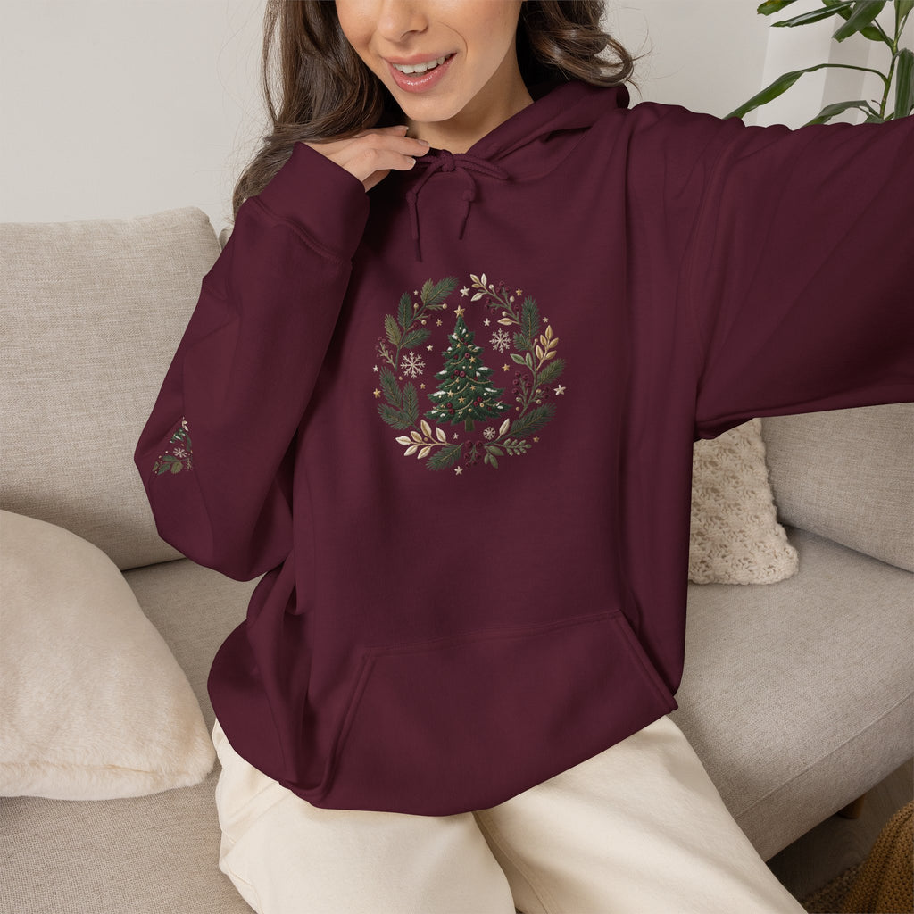 Christmas Tree Wreath Hoodie — Festive Botanical Sweatshirt, 50/50 Cotton-Poly, Unisex
