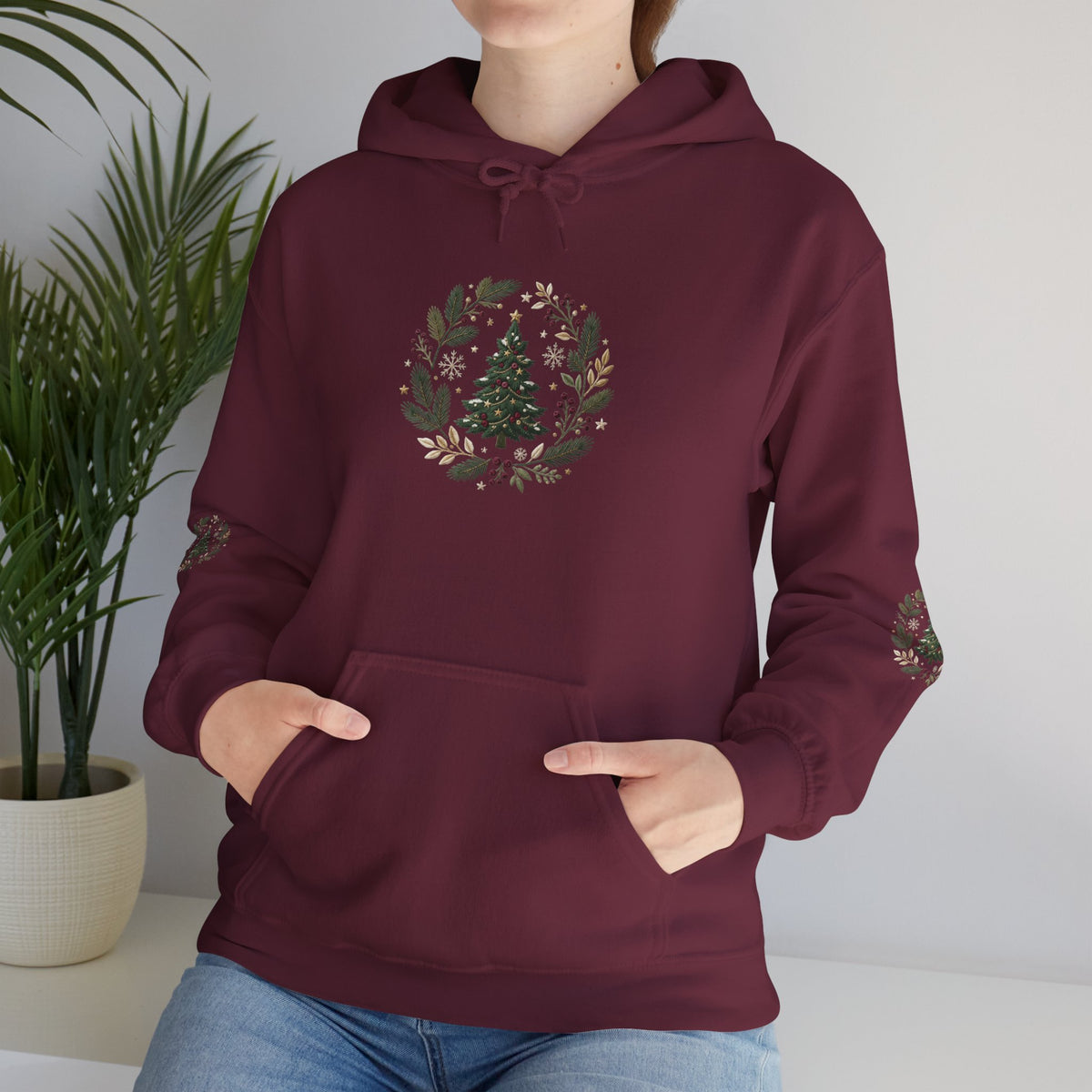 Christmas Tree Wreath Hoodie — Festive Botanical Sweatshirt, 50/50 Cotton-Poly, Unisex