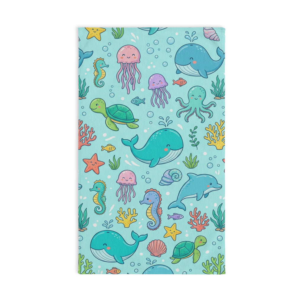 Cute Ocean Animals Hand Towel — Kids Sea Creature Print (Whale, Dolphin, Turtle, Jellyfish)