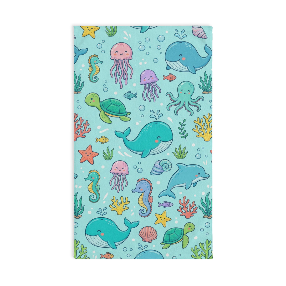 Cute Ocean Animals Hand Towel — Kids Sea Creature Print (Whale, Dolphin, Turtle, Jellyfish)