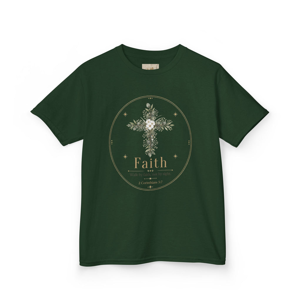 Kids Tee — Floral Cross “Faith” Christian Shirt for Children (Easter, Baptism, Church)