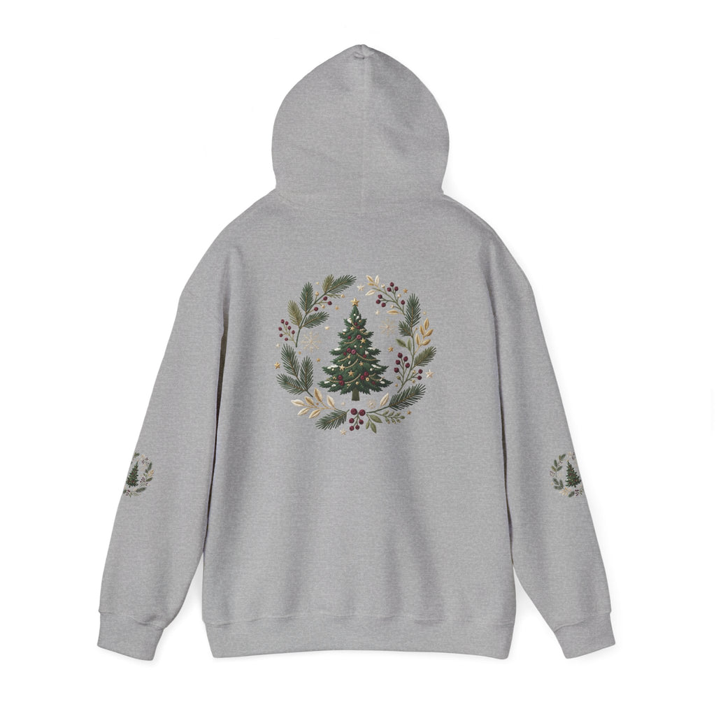 Christmas Tree Wreath Hoodie — Festive Botanical Sweatshirt, 50/50 Cotton-Poly, Unisex