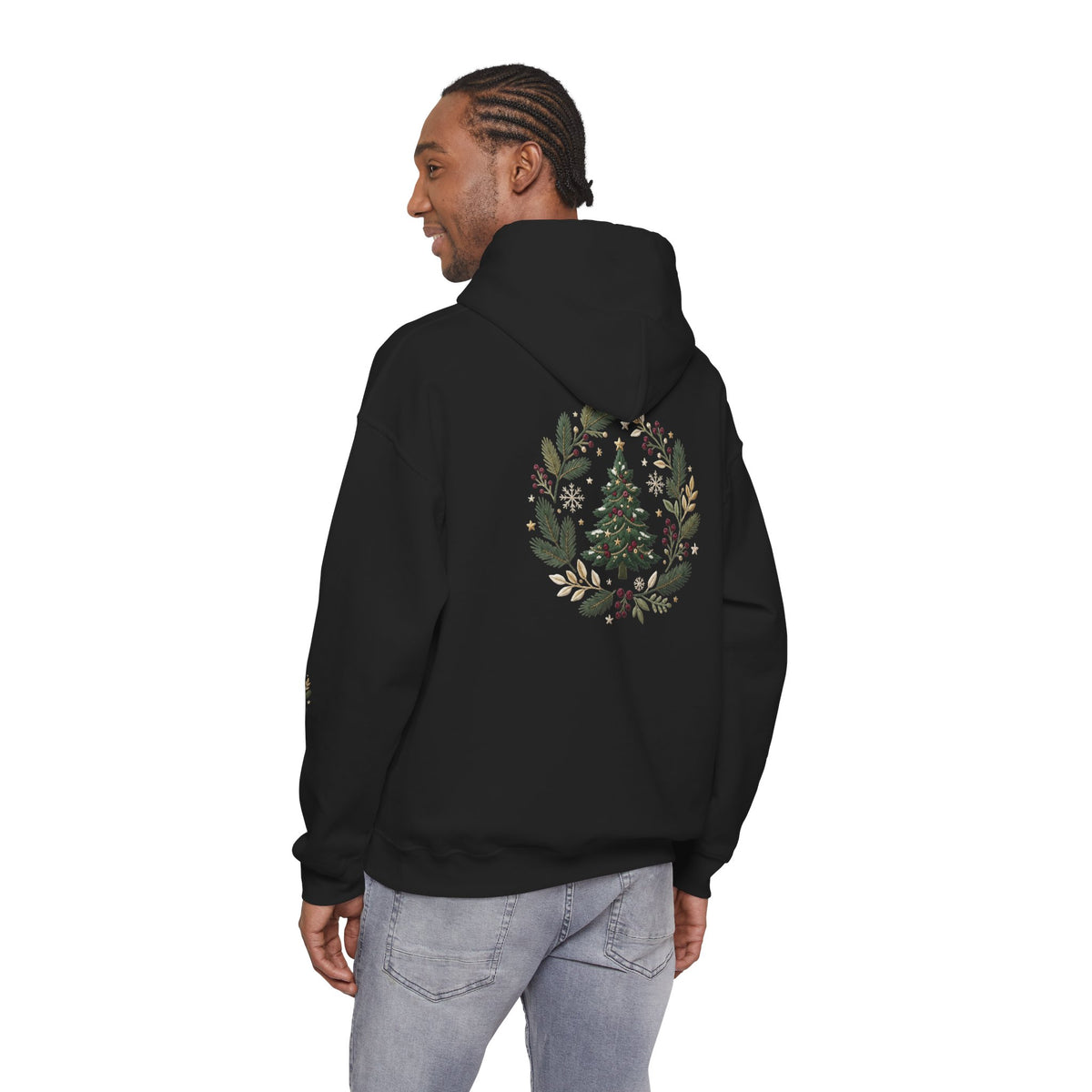 Christmas Tree Wreath Hoodie — Festive Botanical Sweatshirt, 50/50 Cotton-Poly, Unisex