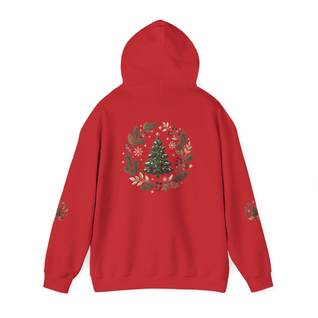 Christmas Tree Wreath Hoodie — Festive Botanical Sweatshirt, 50/50 Cotton-Poly, Unisex