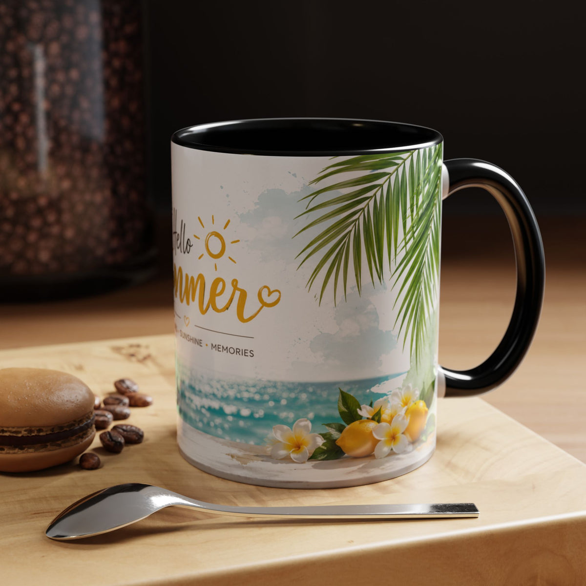 Hello Summer Accent Coffee Mug — Beach Vibes Lemon Palm Coastal Ceramic Mug (11/15oz)