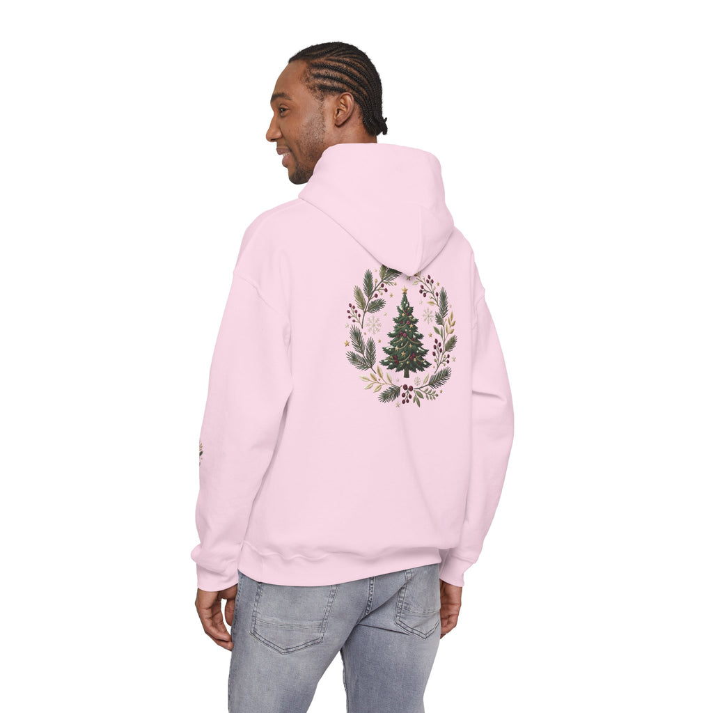 Christmas Tree Wreath Hoodie — Festive Botanical Sweatshirt, 50/50 Cotton-Poly, Unisex