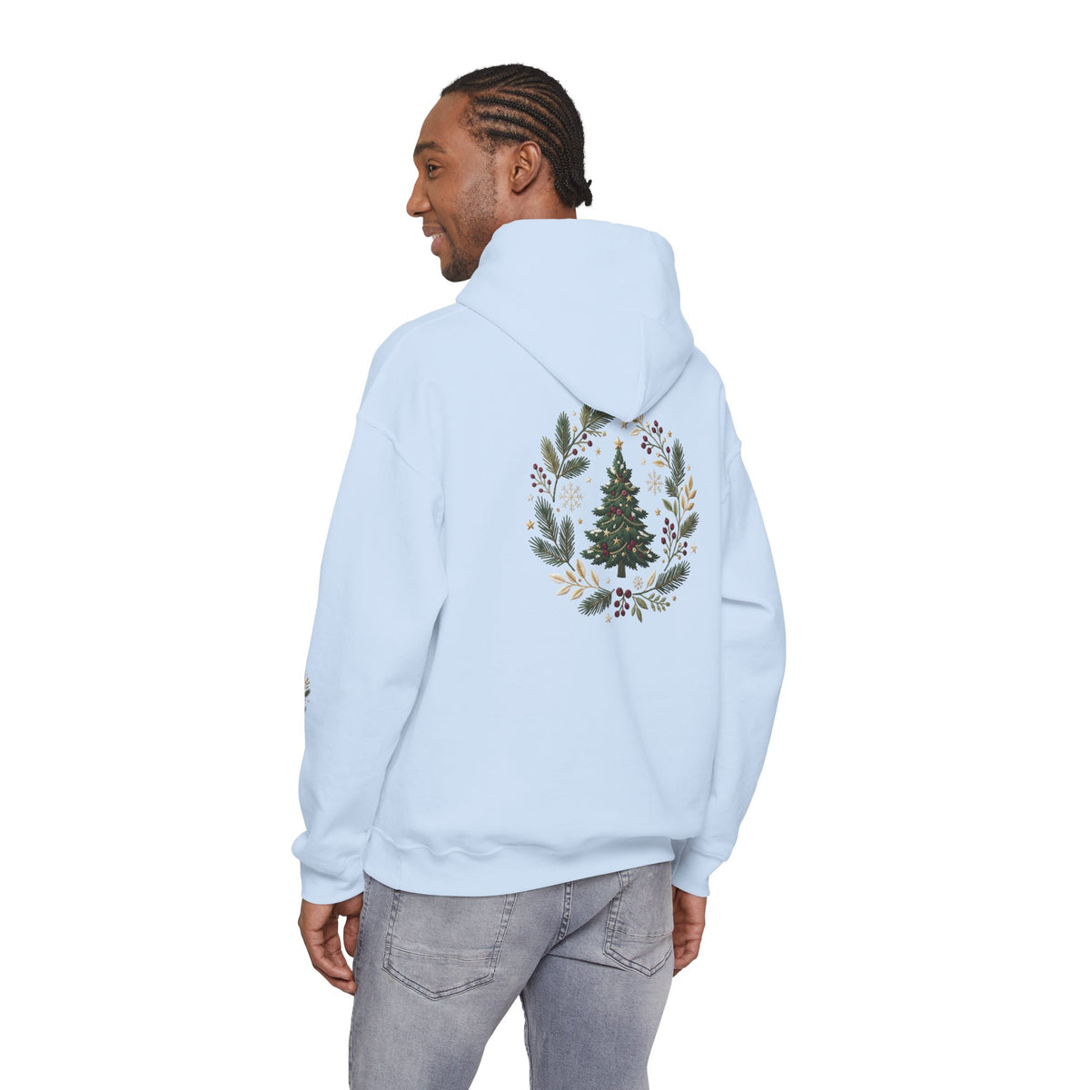 Christmas Tree Wreath Hoodie — Festive Botanical Sweatshirt, 50/50 Cotton-Poly, Unisex
