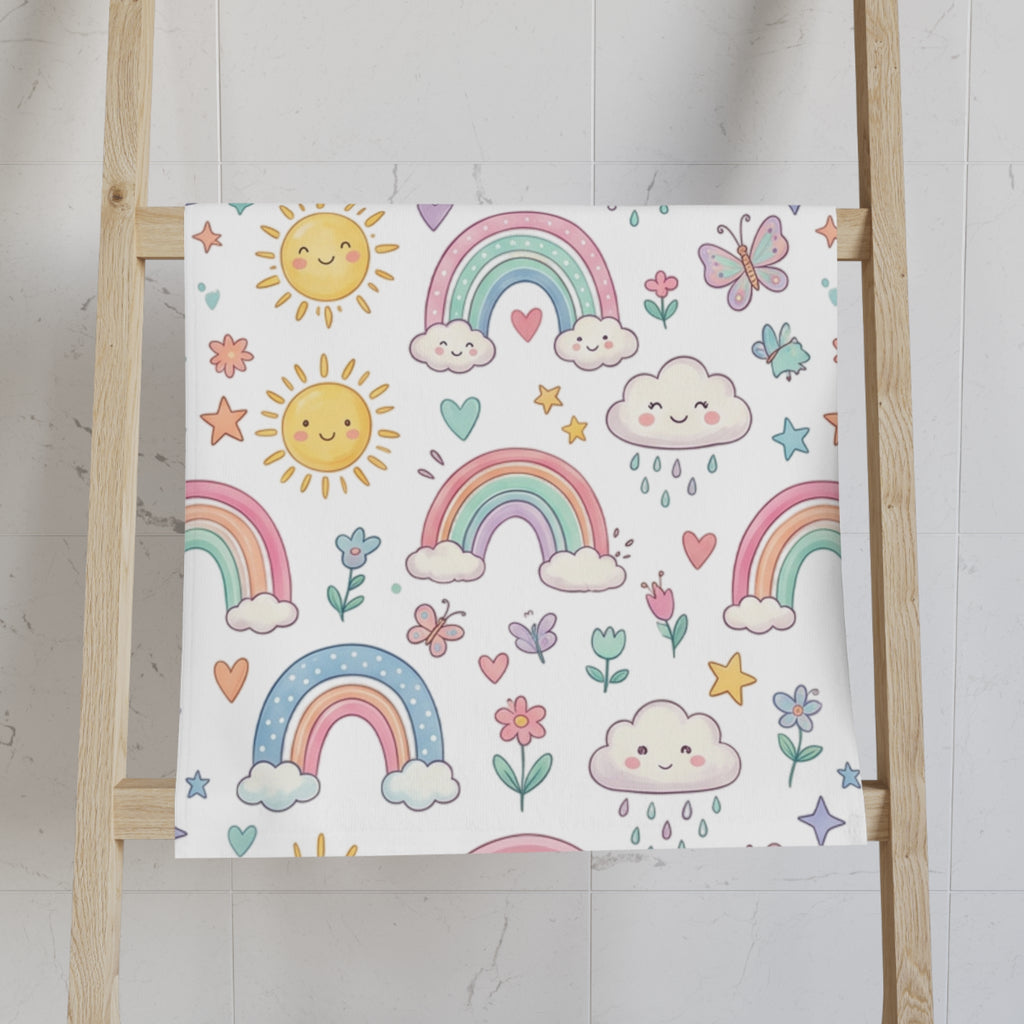 Cute Pastel Rainbows Hand Towel — Sun, Clouds & Hearts Kids Bath Accent