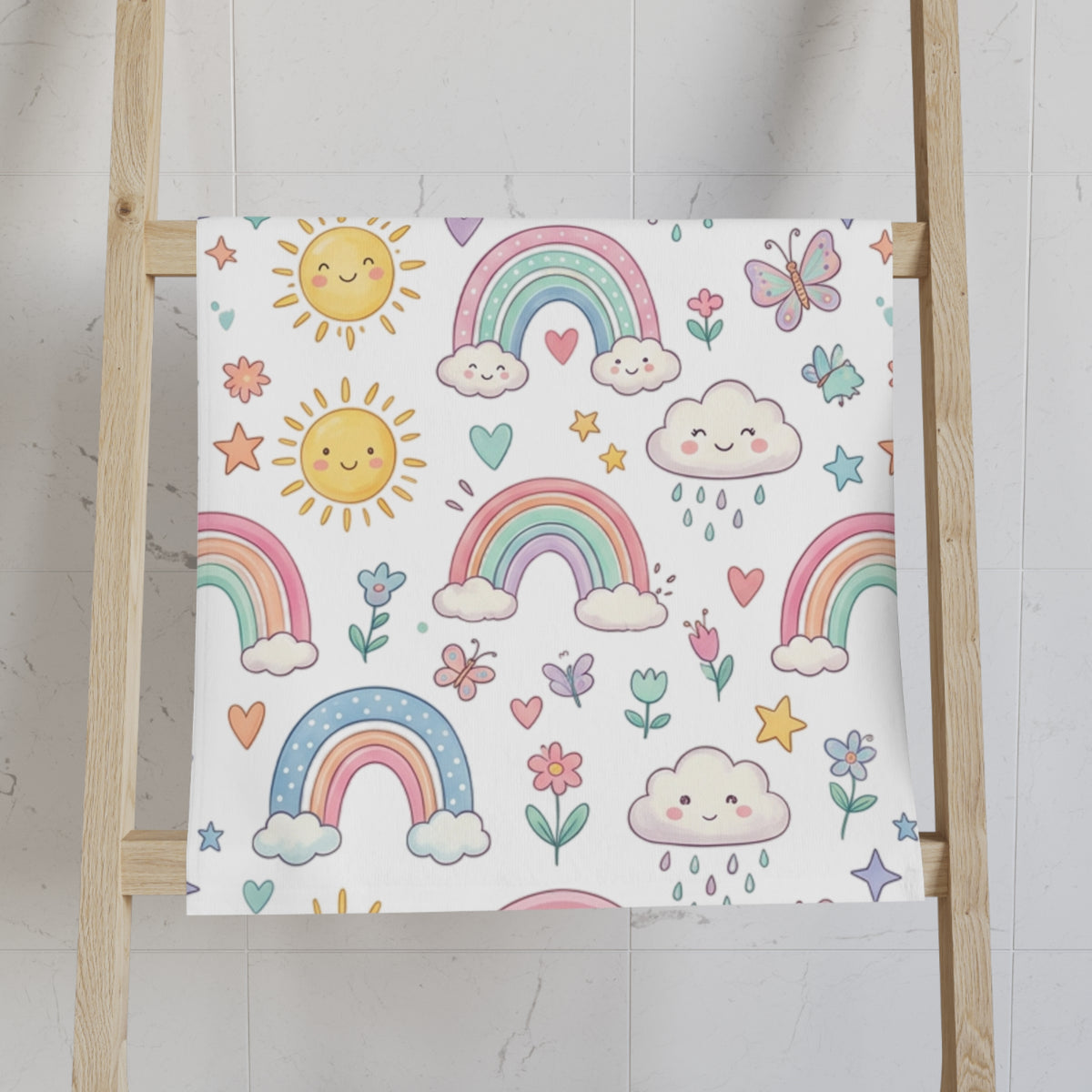 Cute Pastel Rainbows Hand Towel — Sun, Clouds & Hearts Kids Bath Accent