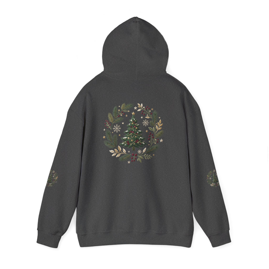 Christmas Tree Wreath Hoodie — Festive Botanical Sweatshirt, 50/50 Cotton-Poly, Unisex