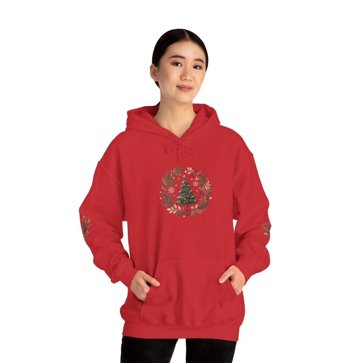 Christmas Tree Wreath Hoodie — Festive Botanical Sweatshirt, 50/50 Cotton-Poly, Unisex
