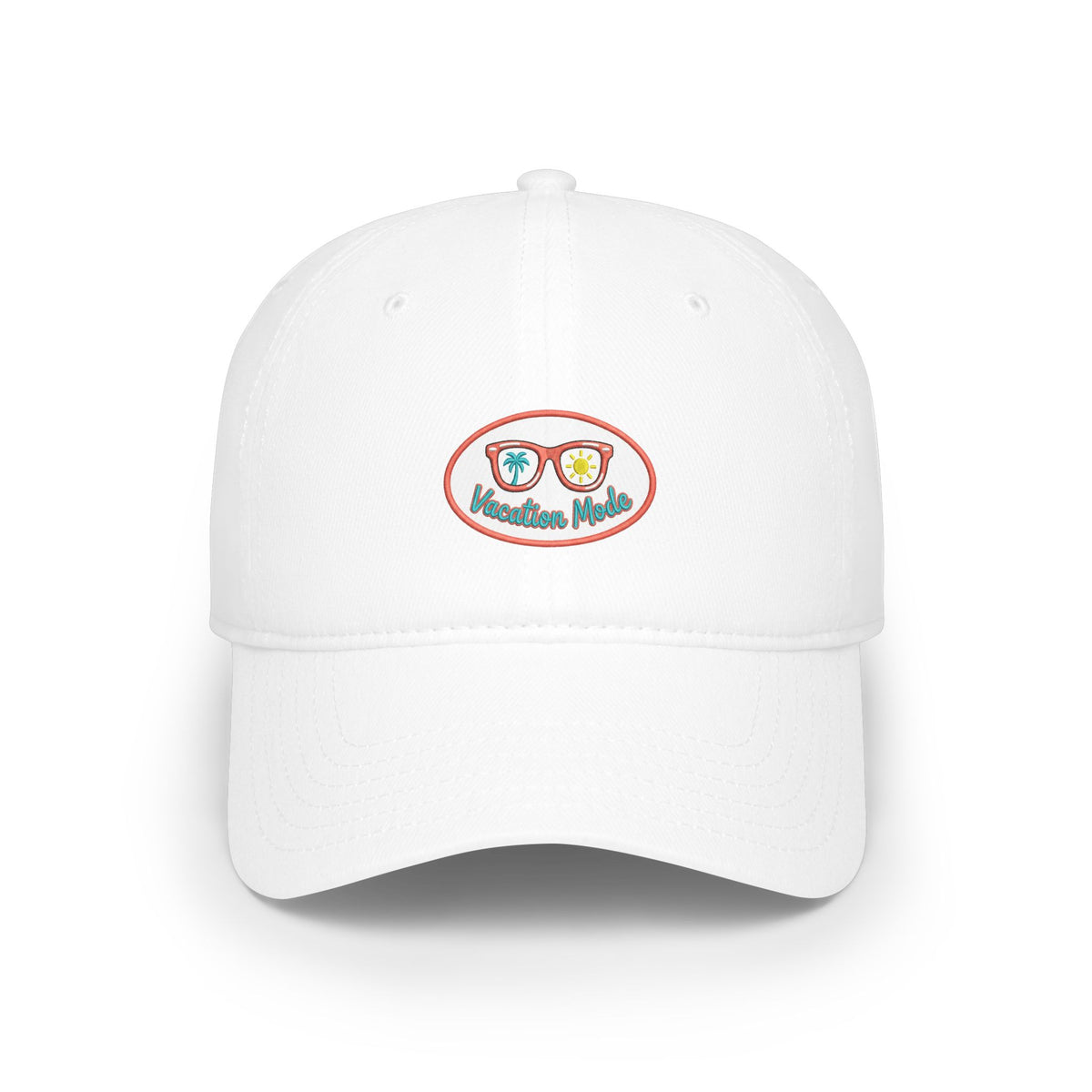 Red 'Vacation Mode' Low Profile Baseball Cap — Sunglasses Patch Dad Hat