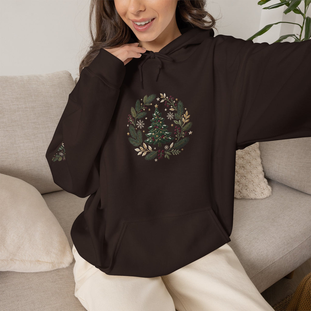 Christmas Tree Wreath Hoodie — Festive Botanical Sweatshirt, 50/50 Cotton-Poly, Unisex