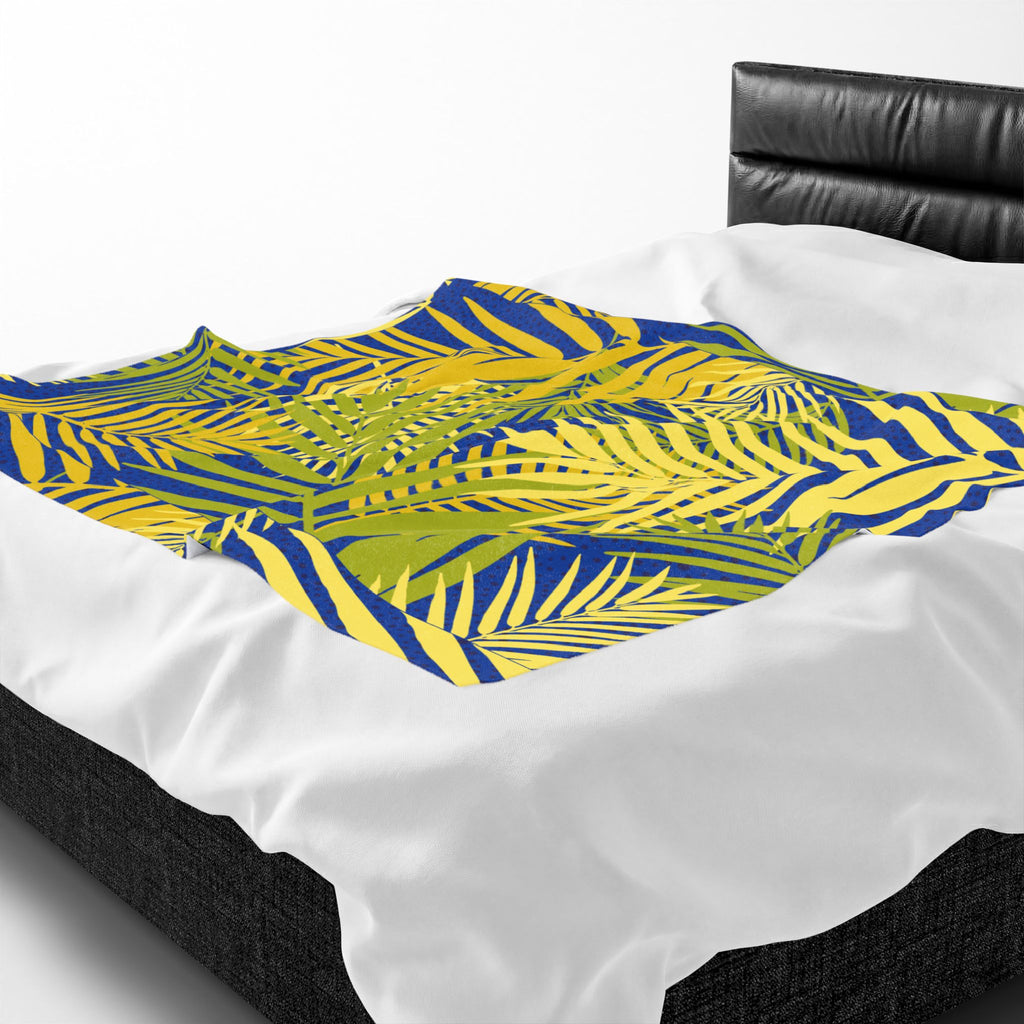 Tropical Palm Velveteen Plush Blanket — Blue & Yellow Leaf Throw