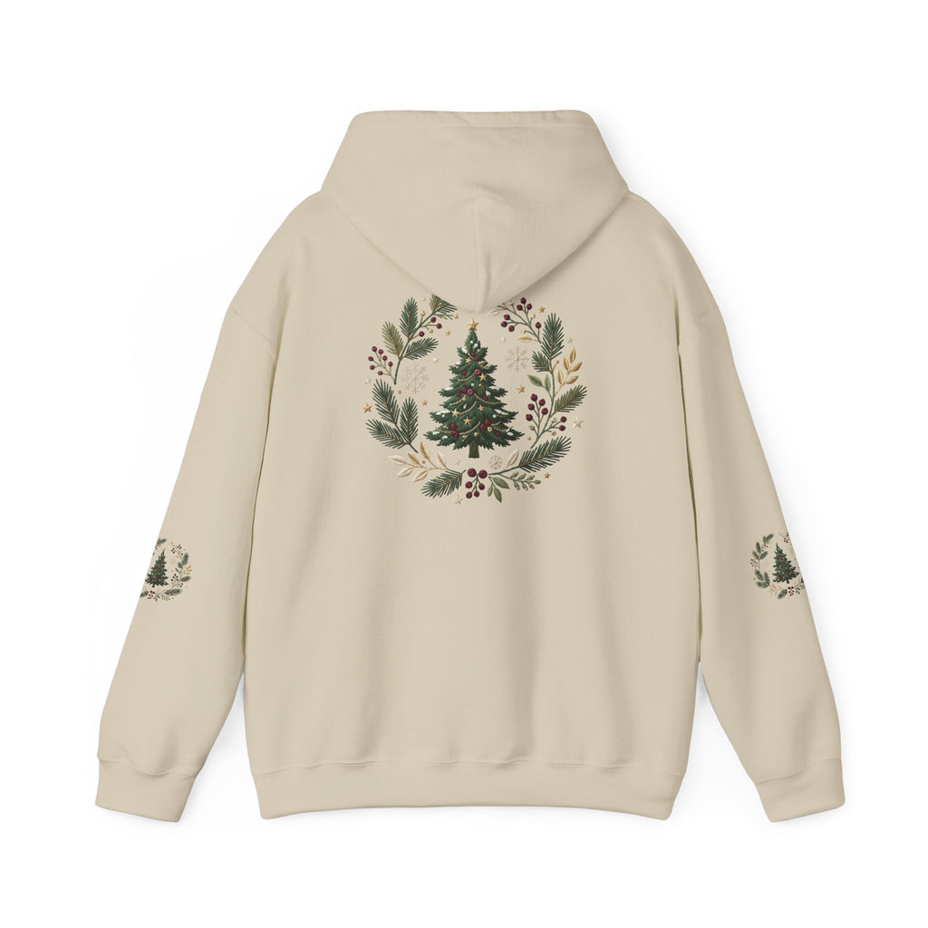 Christmas Tree Wreath Hoodie — Festive Botanical Sweatshirt, 50/50 Cotton-Poly, Unisex