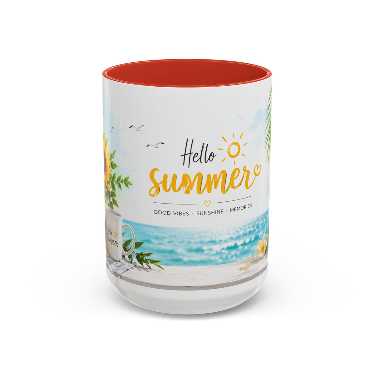 Hello Summer Accent Coffee Mug — Beach Vibes Lemon Palm Coastal Ceramic Mug (11/15oz)