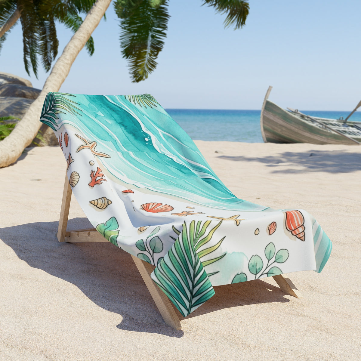 Coastal Shells Beach Towel — Aqua Wave Seashell Design