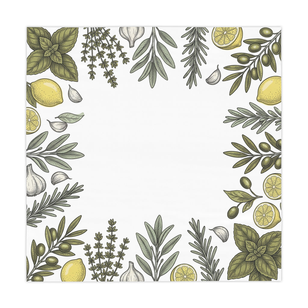 Mediterranean Herb & Lemon Tablecloth — Olive, Basil & Rosemary Kitchen Linen