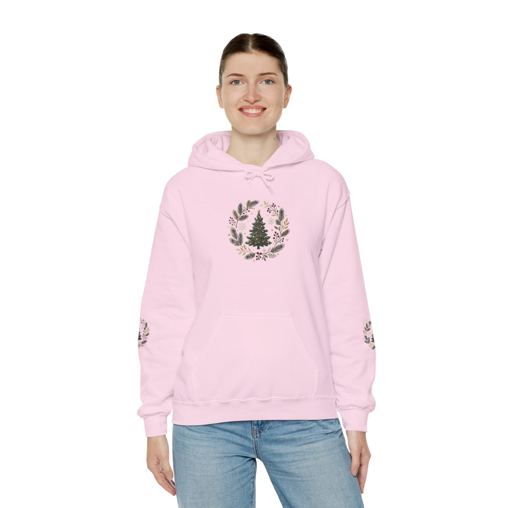 Christmas Tree Wreath Hoodie — Festive Botanical Sweatshirt, 50/50 Cotton-Poly, Unisex