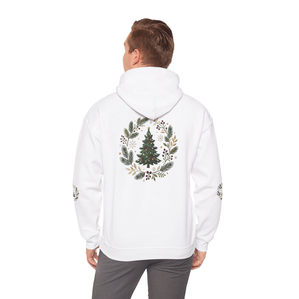 Christmas Tree Wreath Hoodie — Festive Botanical Sweatshirt, 50/50 Cotton-Poly, Unisex