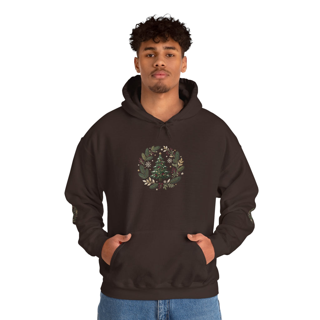 Christmas Tree Wreath Hoodie — Festive Botanical Sweatshirt, 50/50 Cotton-Poly, Unisex