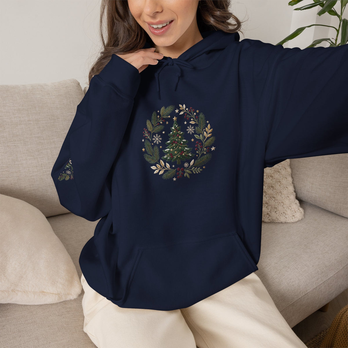 Christmas Tree Wreath Hoodie — Festive Botanical Sweatshirt, 50/50 Cotton-Poly, Unisex