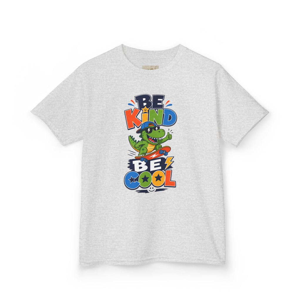 Kids Tee — "Be Kind, Be Cool" Dinosaur Graphic with "Shine Bright" Back