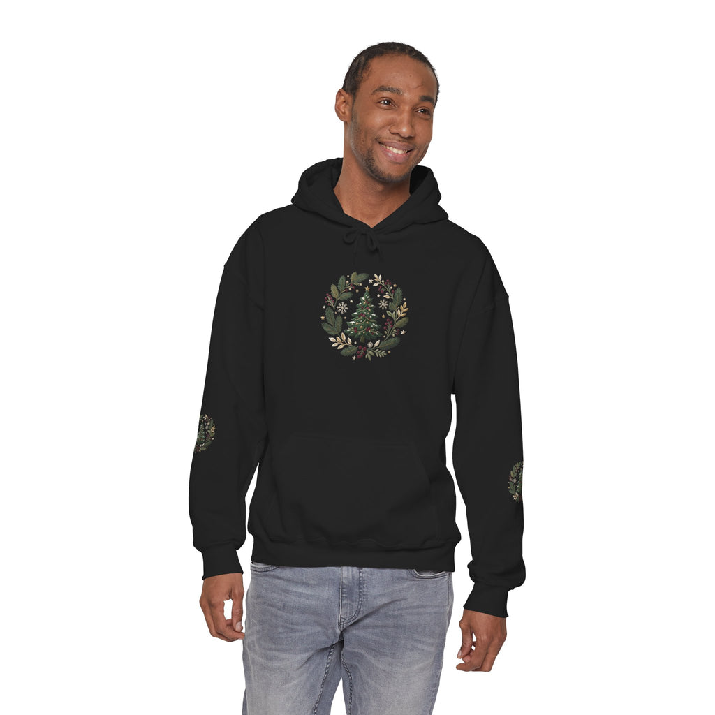 Christmas Tree Wreath Hoodie — Festive Botanical Sweatshirt, 50/50 Cotton-Poly, Unisex