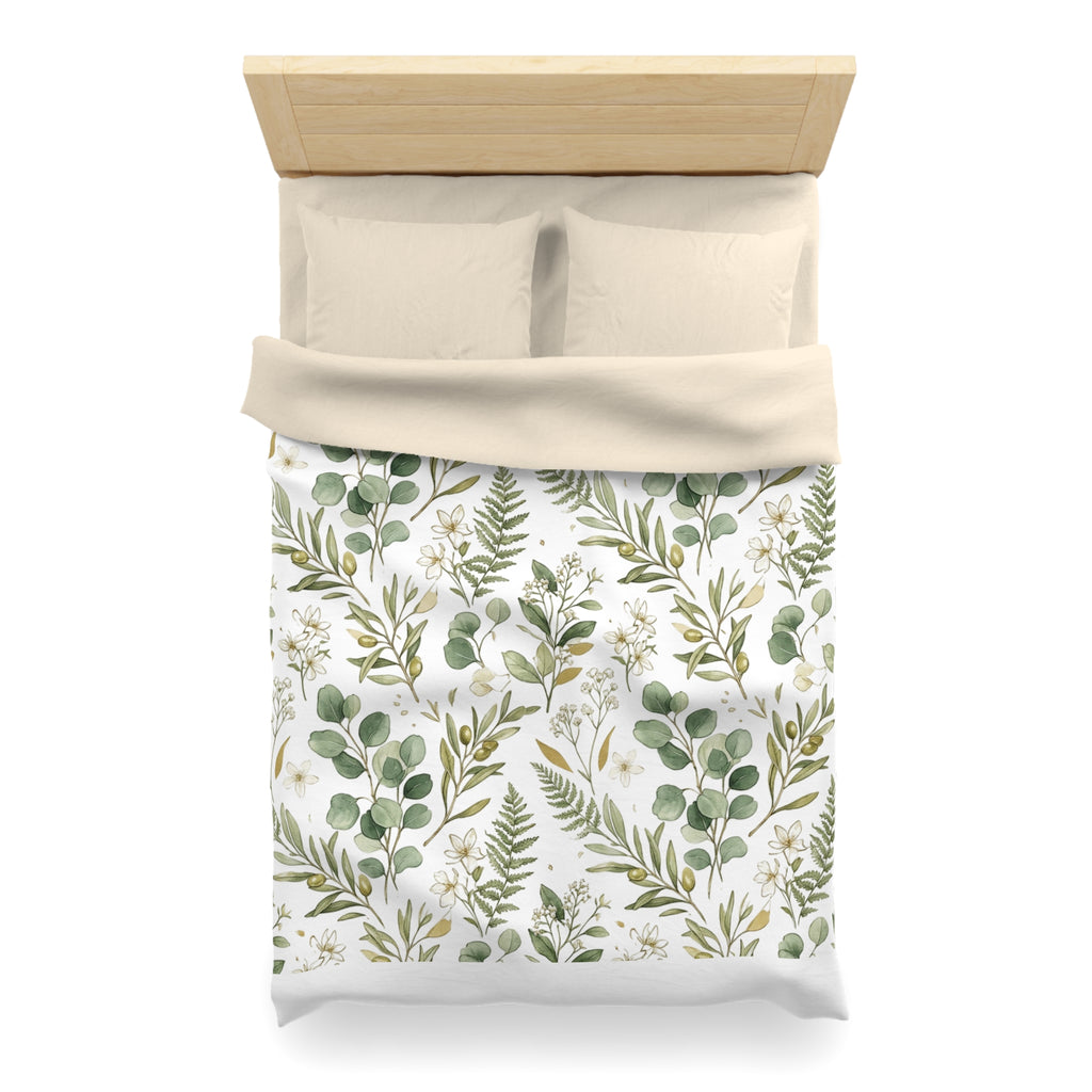 Botanical Eucalyptus Duvet Cover — Green Fern & Floral Microfiber Bedding