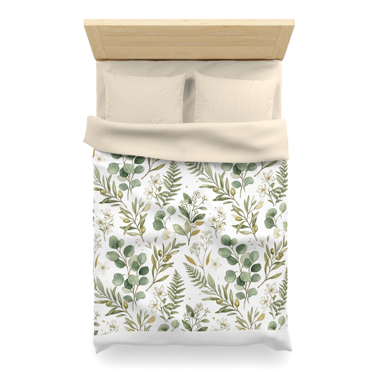 Botanical Eucalyptus Duvet Cover — Green Fern & Floral Microfiber Bedding