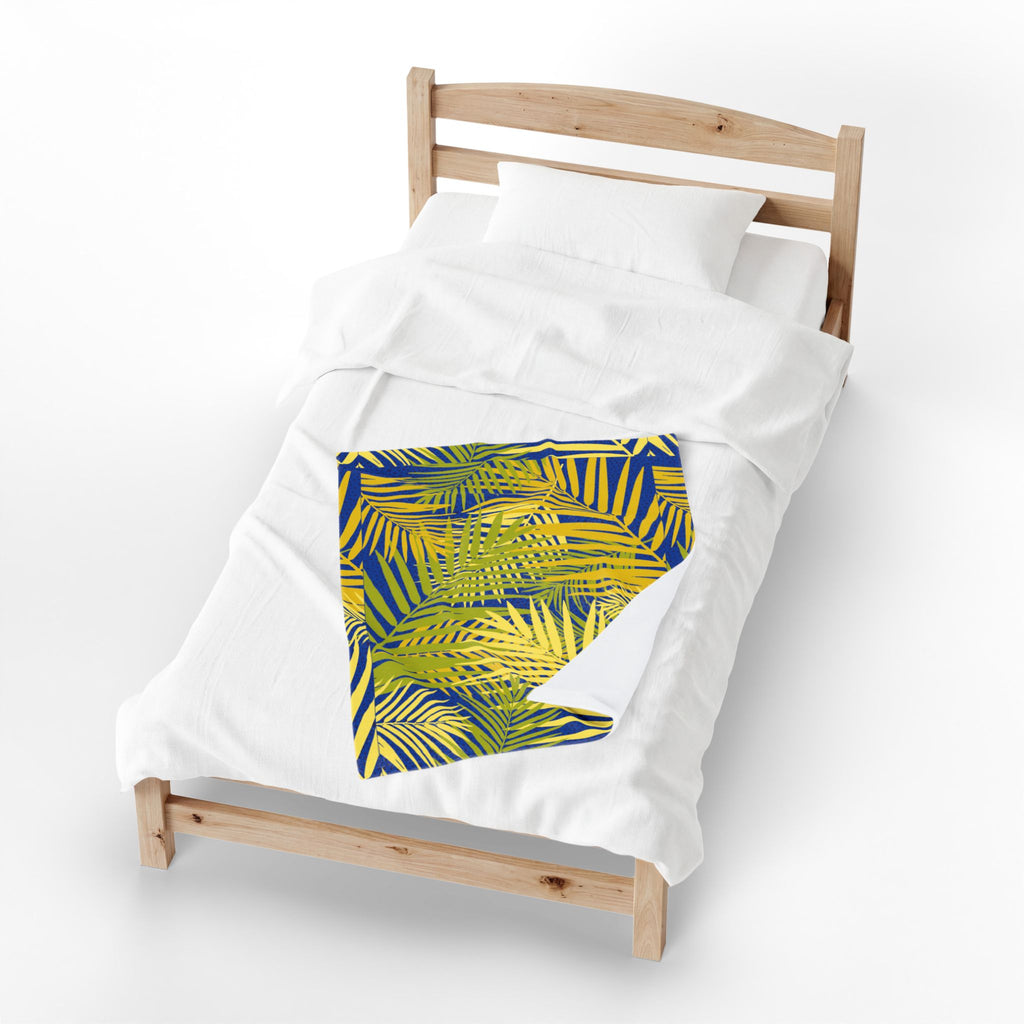 Tropical Palm Velveteen Plush Blanket — Blue & Yellow Leaf Throw