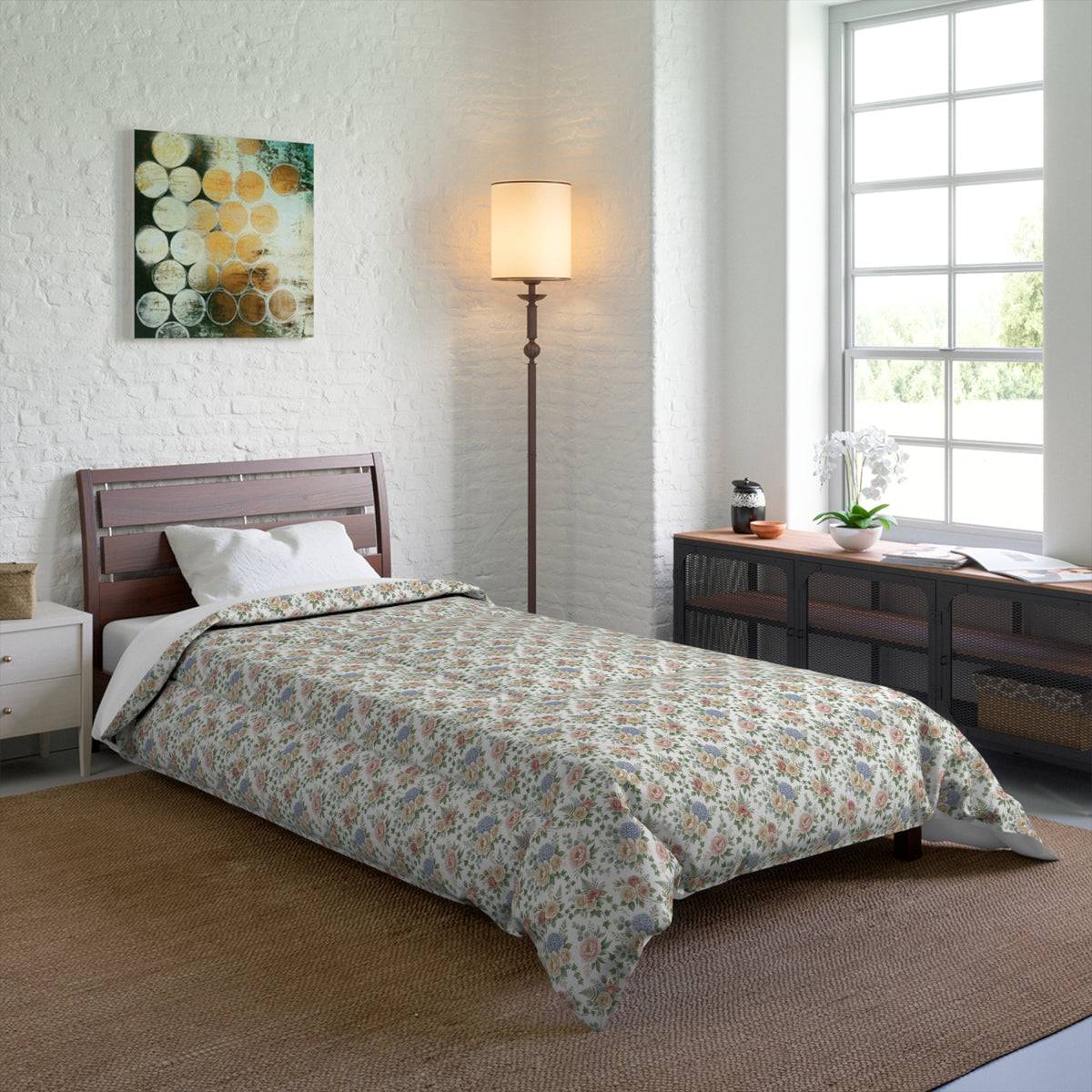 Floral Vintage Tile Comforter — Soft Pastel Boho Bedroom Bedding