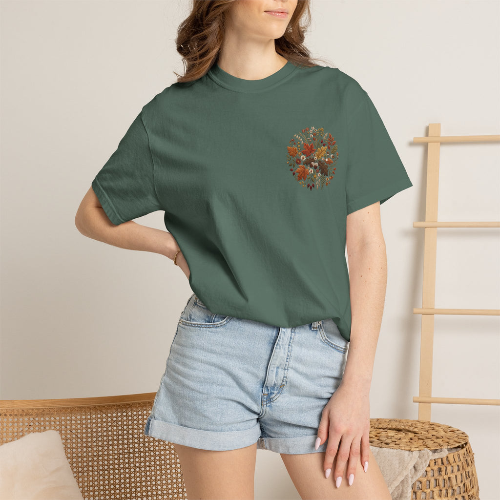 T-Shirt — Autumn Floral Wreath Tee (Fall Leaves Chest & Back Print)